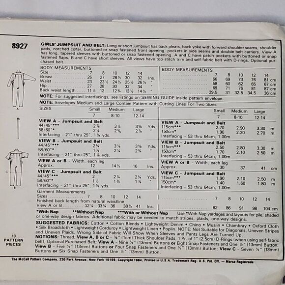 Vintage 80s McCalls Pattern 8927 Girls One Piece Romper Shorts Pants Sz S Uncut - Picture 2 of 2